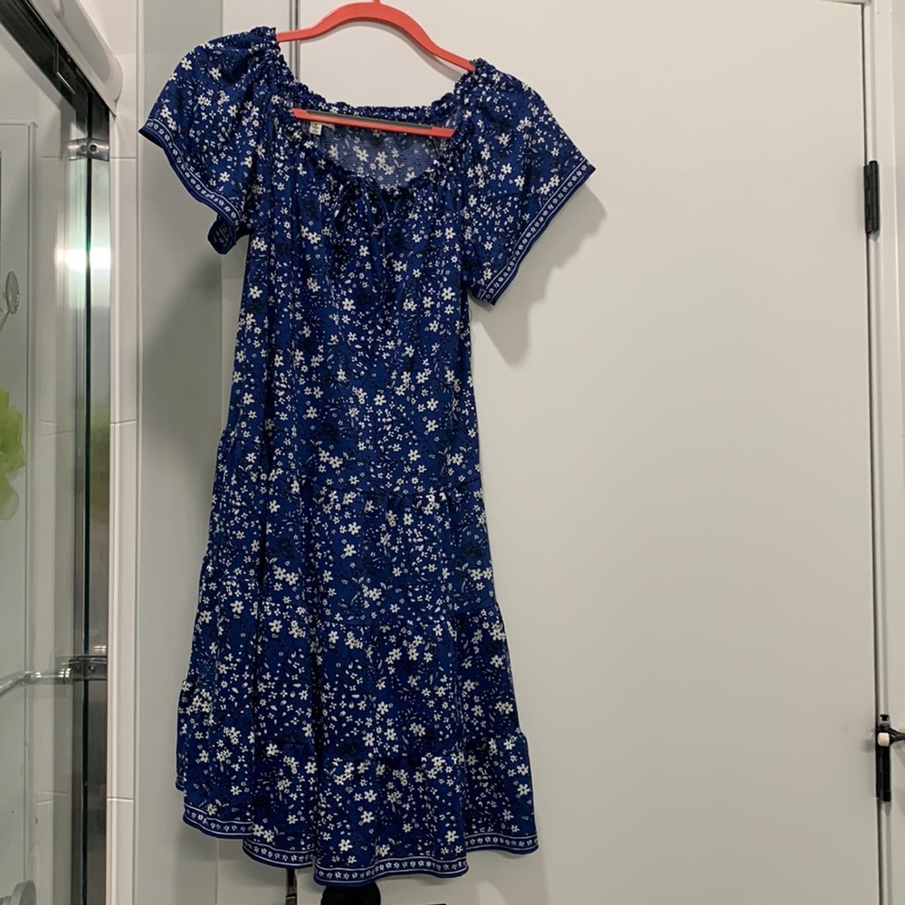 Blue floral midi sundress off the shoulder.